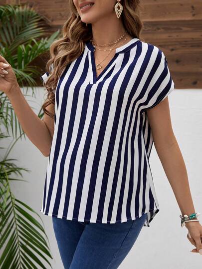 SHEIN 孕婦條紋凹口領蝙蝠袖襯衫