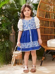 SHEIN Little Girl's Floral Print Puff Sleeve Dress - Multicolor - View 5