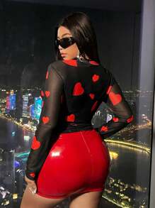 Flirla 大尺碼透明網眼愛心圖案長袖上衣 - 黑色 - 查看 2