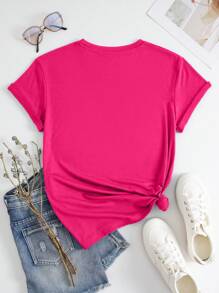SHEIN Camiseta de mujer con cuello redondo y estampado de osos, camiseta gráfica para mujer, tops de camisetas gráficas para mujeres - Rosa Fucsia - Ver 2
