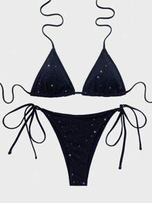 Swim SXY Summer Beach Triangle Cup Tie-Front Side-Tie Bikini Set Music Festival - Black - View 3
