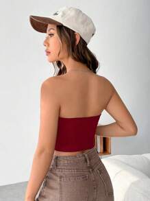 SHEIN EZwear 針織不對稱下擺無肩帶上衣 - 紅色 - 查看 3