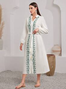 Al Najma Women'S Floral Printed Lantern Sleeve Single-Breasted Dress - White - View 4