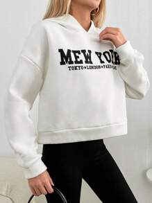 EURMUSE Slogan Graphic Drop Shoulder Hoodie - White - View 4