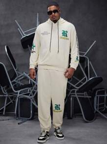 Manfinity Homme Ensemble De Survêtement Avec Capuche Et Cordon De Serrage Graphique À Lettres Pour Hommes De Grande Taille Et Coupe Ample