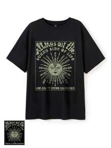 SV Pattern Studio 女士大尺碼寬鬆半袖t恤,圓領線和太陽&臉部印花口號 - 黑色 - 查看 1