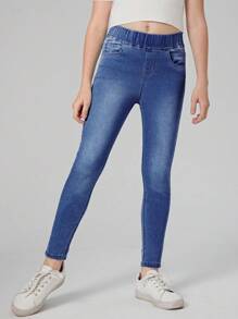SHEIN Tween Girl Elastic Waist Jeans - Medium Wash - View 1