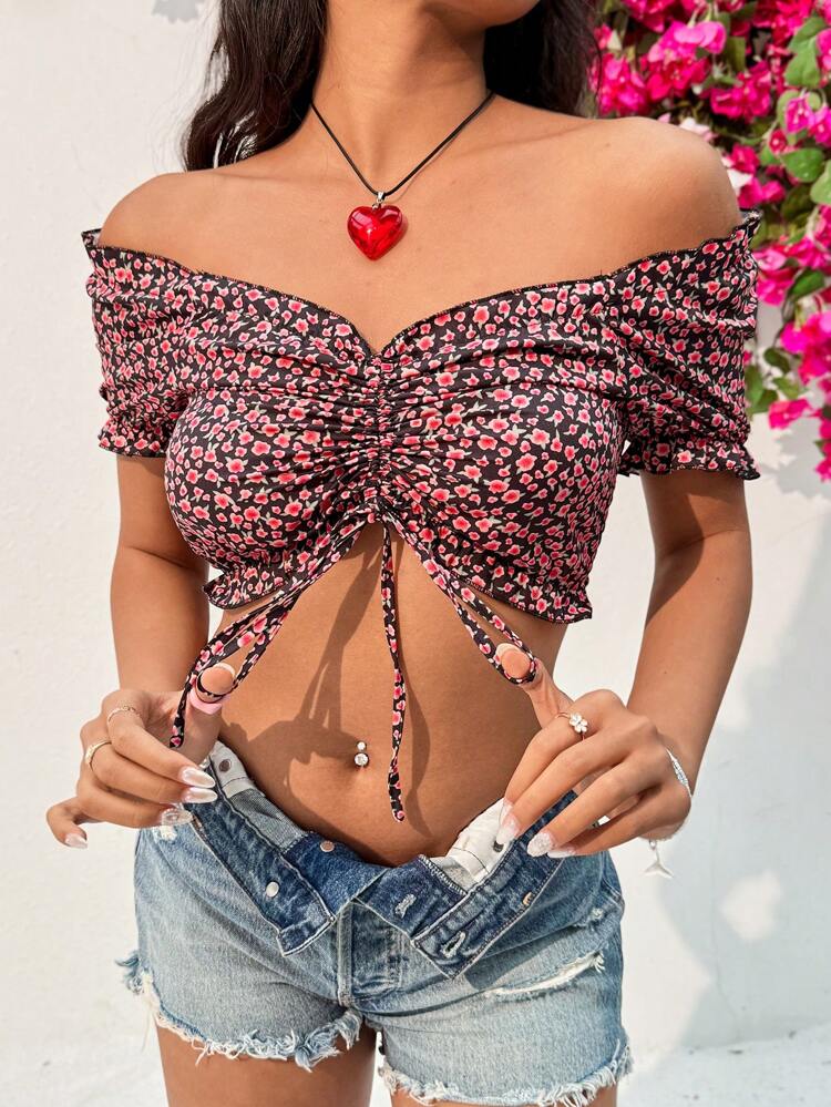 Women's Floral Print Drawstring Shirt