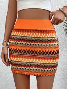 SHEIN VCAY Women's Color Block Weaved Belt Design Slim Fit Stripe Skirt - Multicolor - View 3