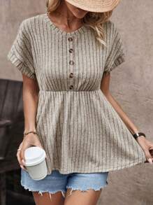 SHEIN LUNE Tricou pentru damă, culoare uni, cu dungi în dungi - Caisă - Vizualizare 6