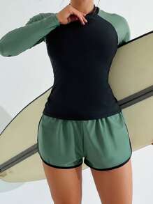 SHEIN Swim Bộ quần short và áo dài tay Raglan màu tương phản dành cho nữ đi biển mùa hè Bộ Rashguard - Nhiều màu - Xem 4