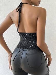 SHEIN VCAY Women's Halter Draped Collar Asymmetric Hem Backless Top - Black - View 2