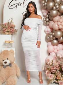 Loomaby 孕妇露肩褶皱紧身连衣裙，长袖，适合婴儿洗礼 - 白色 - 查看 5
