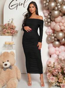 Loomaby 孕妇露肩褶皱紧身连衣裙，长袖，适合婴儿洗礼 - 黑色 - 查看 5