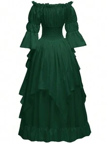 Medieval Style Women's Solid Color Off Shoulder Flared Sleeve Ruched Waist Maxi Elegant Dress - Dark Green - View 2
