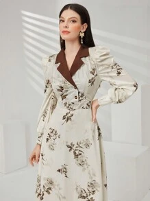 Modelyn Robe longue pour femme avec col rabattu et imprimé botanique, style blocs de couleurs