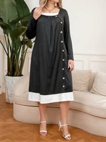 SHEIN LUNE Vestido De Talla Grande Con Botones Y Adornos En Bloque De Colores - Gris - Ver 4