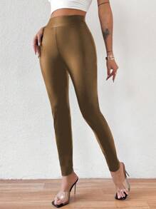 SHEIN LUNE 純色褲襪/緊身褲 - 卡其色 - 查看 5