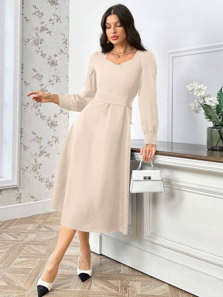 SHEIN Privé Ladies' Casual Solid Color Dress With Sweetheart Neckline - Apricot - View 1