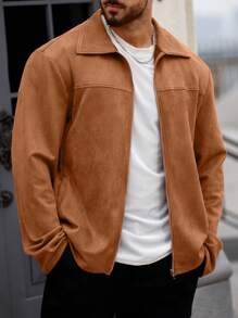 Manfinity Homme 男士純色折領寬鬆外套 - 棕色 - 查看 8