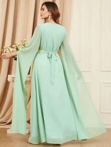 Women's Super Long Sleeve Embroidered Trim Patchwork Dress - Green - View 2