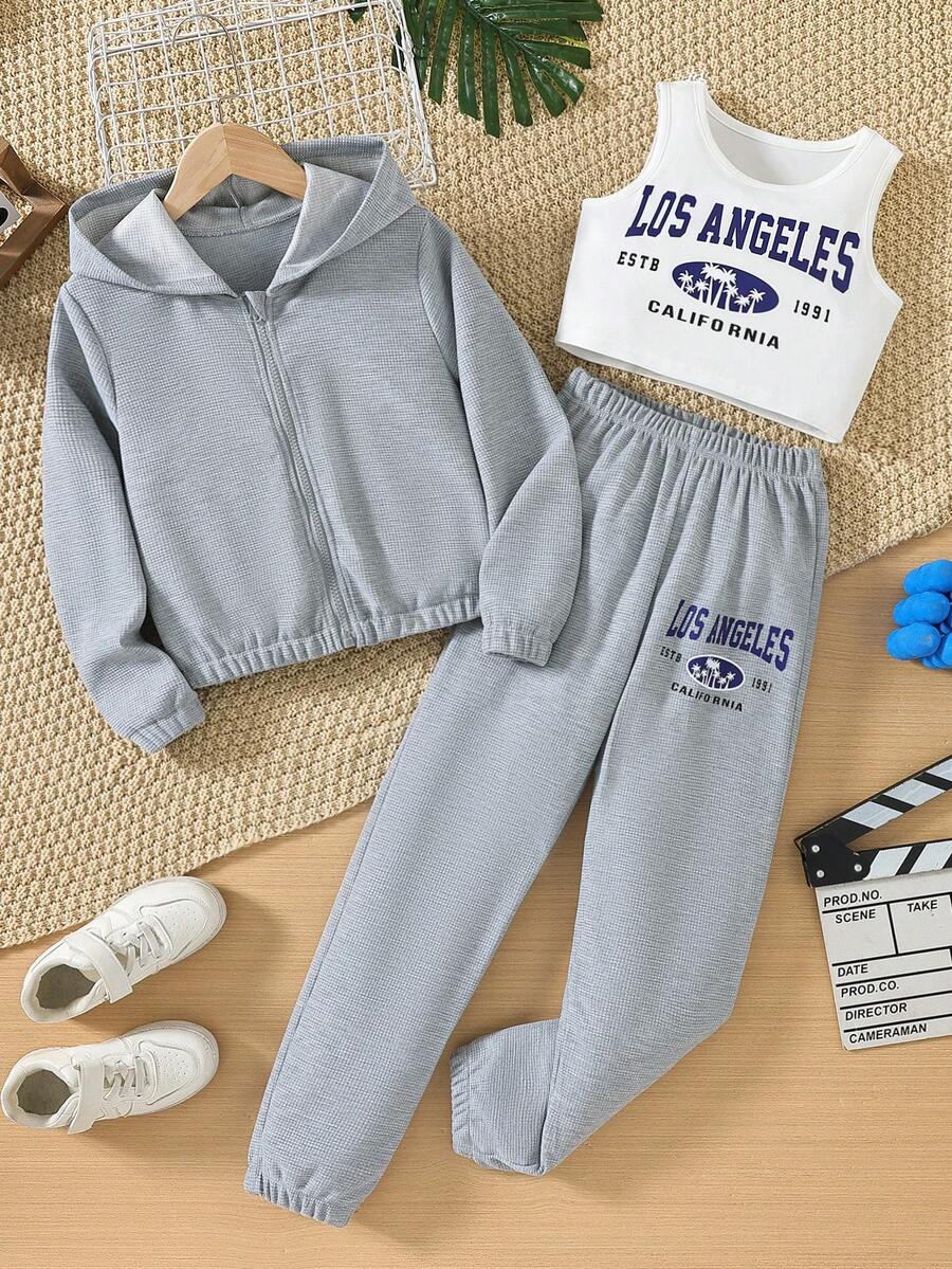 SHEIN Tween Girls' Solid Color Hooded Top, Letter Print Vest And Pants Set - Grey - View 1