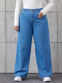 SHEIN Cottnline Plus Size Straight Jeans - Medium Wash - View 1