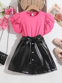 SHEIN Tween Girls' Ruffled Sleeve Round Neck Top And Pu Leather Mini Skirt 2pcs/Set - Red - View 1