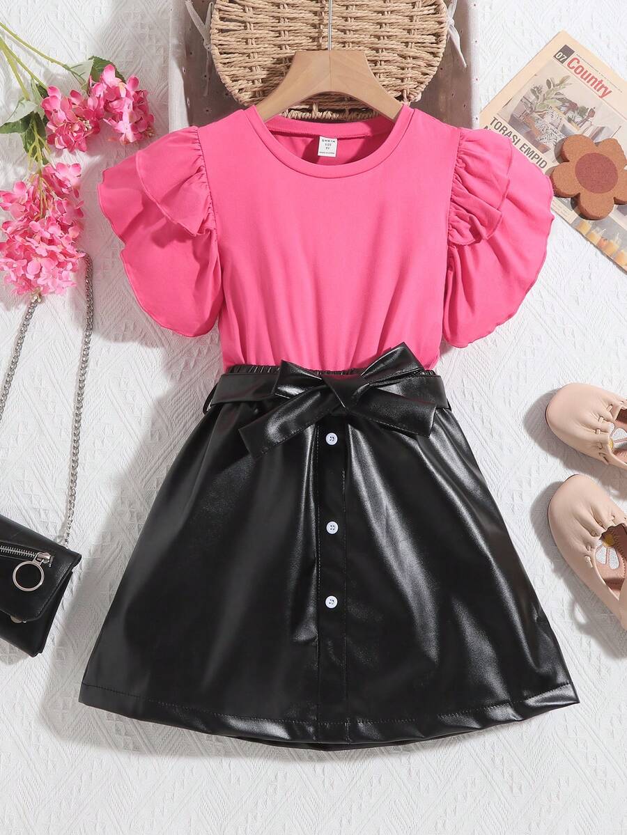 SHEIN Tween Girls' Ruffled Sleeve Round Neck Top And Pu Leather Mini Skirt 2pcs/Set - Red - View 1