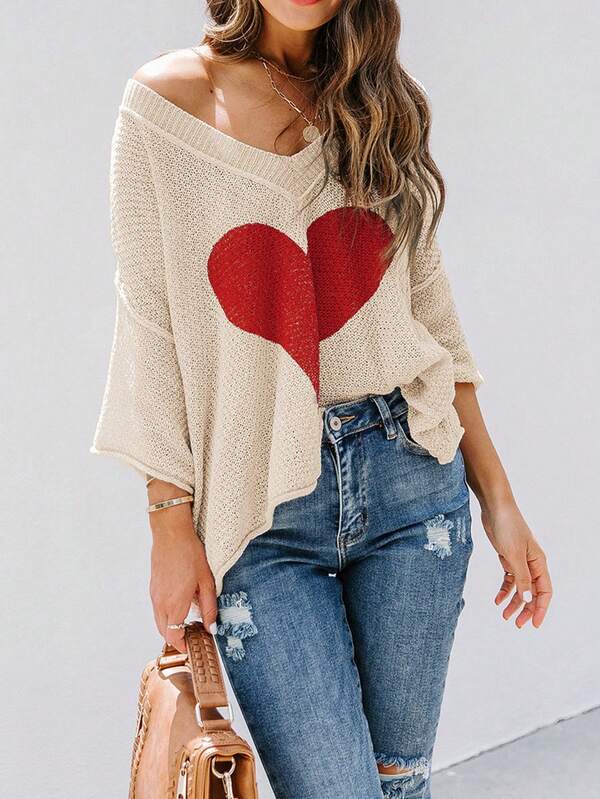V-Neck Drop Shoulder Heart Print Slouchy Top