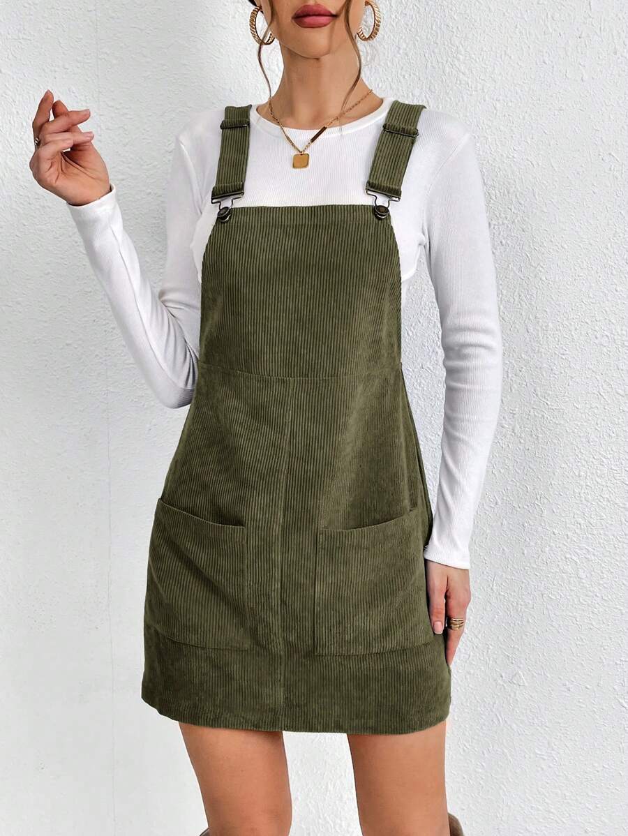 SHEIN Essnce Women's Double Pocket Suspender Dress - Army Green - View 1