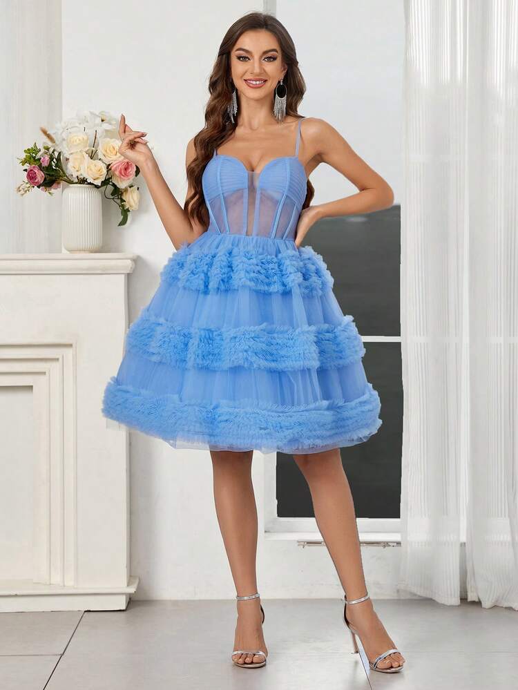 Women's V-Neck Mesh Layered Ruffle Trim Sleeveless Cake Dress With Illusion Bodice And Transparent Hem For Cocktail Party