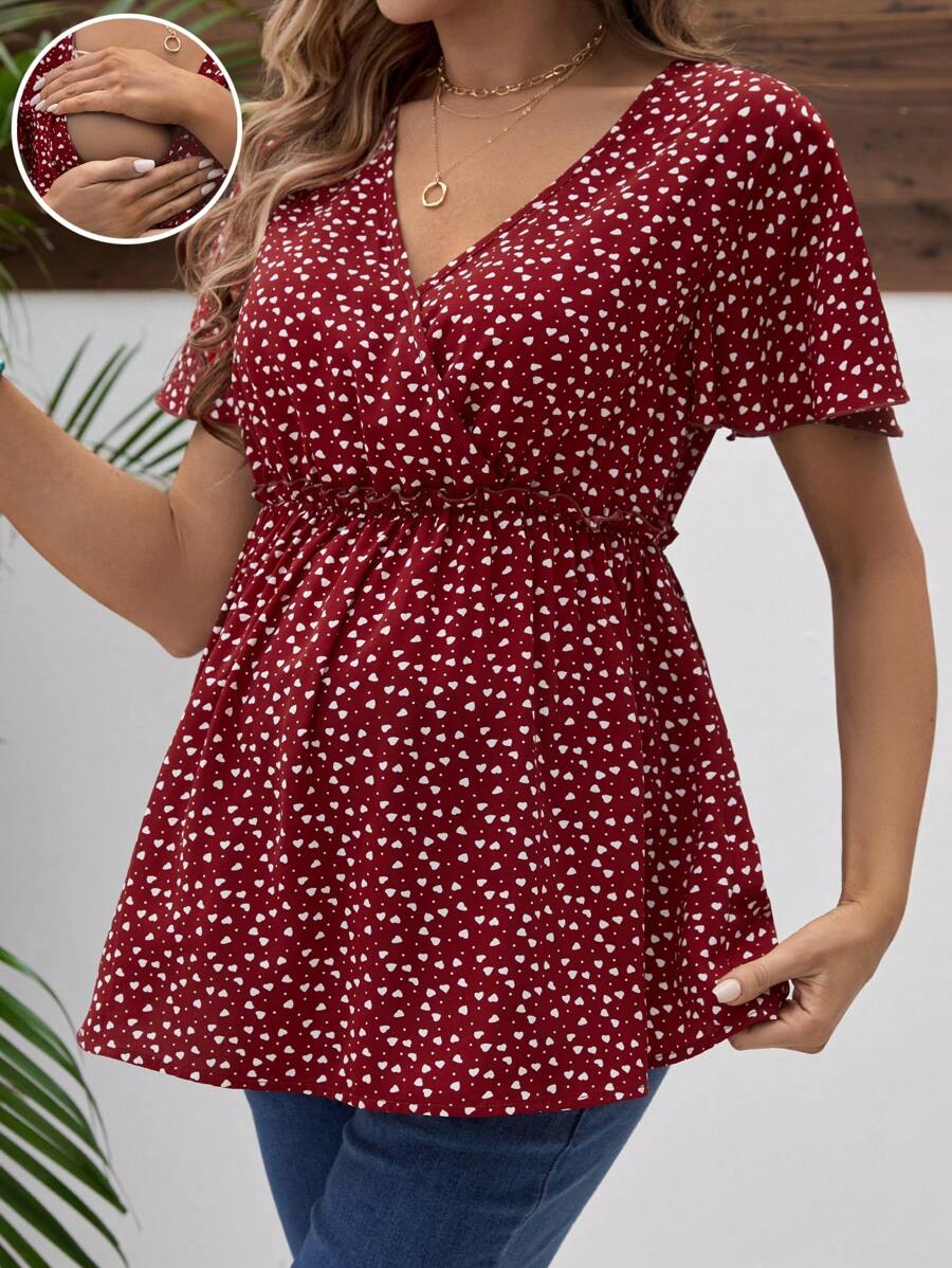 SHEIN Maternity Nursing Clothes Floral Print V-Neck Shirt