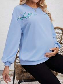 SHEIN Áo nỉ thêu hoa cho bà bầu dùng khi chơi thể thao, cho mùa đông - Màu xanh lam - Xem 3