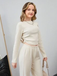 RueChic Thiếu niên Cô gái Màu thuần Top Cây trồng Và Dài Quần Bộ - trắng - Xem 4