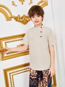 SHEIN Tween Boys' Loose Fit Cute Stand Collar Solid Weave Short Sleeve Shirt - Khaki - View 2