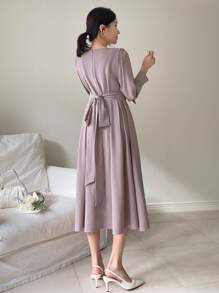 DAZY Của phụ nữ Cổ vuông Ống tay áo Bong bóng Hem Đầm - Màu tím hoa cà - Xem 2