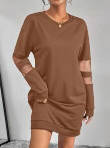 SHEIN Essnce 女士網眼插件長袖連衣裙 - 棕色 - 查看 4
