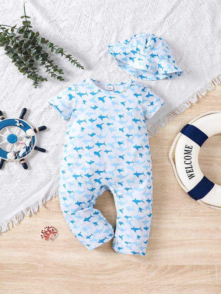 Infant Boys' Casual Shark Print Short Sleeve Jumpsuit For Daily Summer Wear