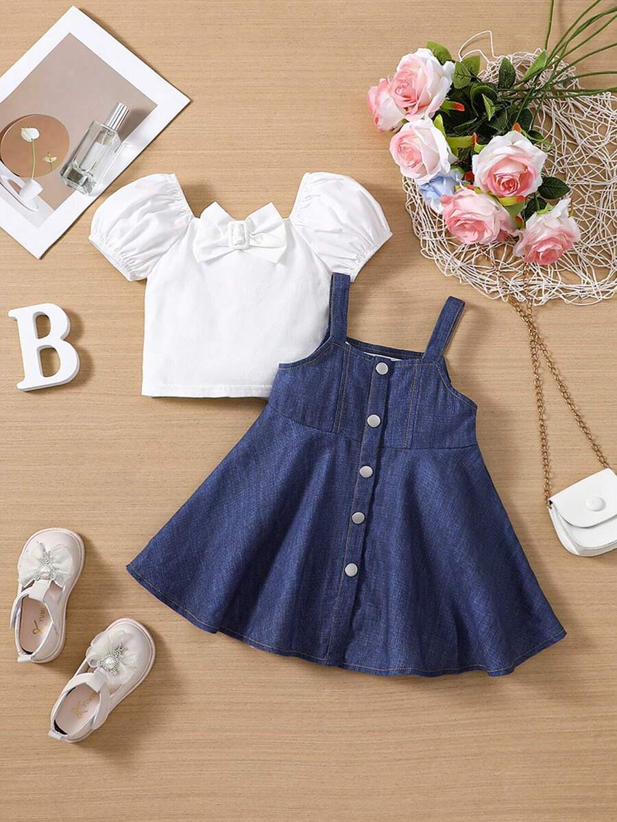 SHEIN Lässiges Kurzarm-oberteil Für Babys Mit Schleifenverzierung Und Kleid-set In Denim-optik Für Mädchen