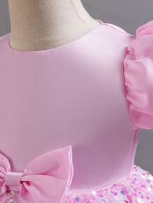 Vestido De Princesa Rosa Con Lazo De Brillo Y Manga Bombacha Para Niñas Jóvenes, Ideal Para Fiesta De Cumpleaños, Boda Y Espectáculo De Vacaciones - Rosa - Ver 4