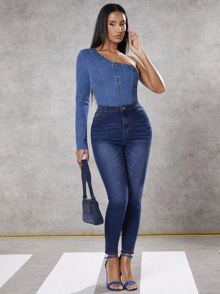 Blue Denim One Shoulder Long Sleeve Jumpsuit