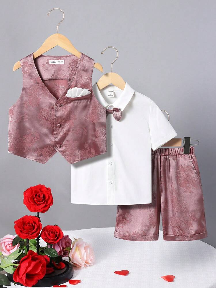 3pcs/Set Young Boys' Vest, Pants, And Shirt In Glossy Jacquard Fabric With Subtle Pattern