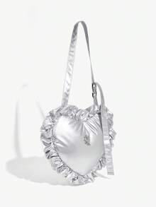 SHEIN ICON 街頭風格,時尚y2k風銀色尼龍褶皺心型斜挎包,多用途和簡約 - 銀色 - 查看 3