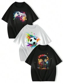 SHEIN 3pcs Teen Boys' Crew Neck Short Sleeve T-Shirts, School, Campus, College - Multicolor - View 1