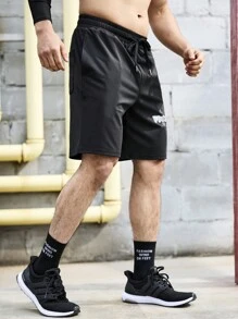 Manfinity Fitness 男友风男士运动短裤，带字母和龙印花慢跑短裤 - 黑色 - 查看 6