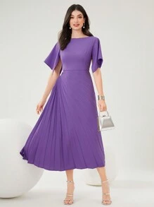 Modelyn Women'S Round Neck Solid Color Dress With Pleated Hem Dress, Elegant Evening Party Dress Long Evening Dresses