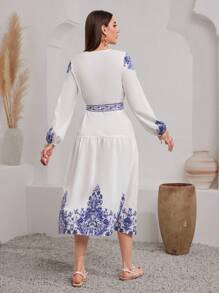 Seusyu Printed Lantern Sleeve Dress Fall Cloth For Women - White - View 6