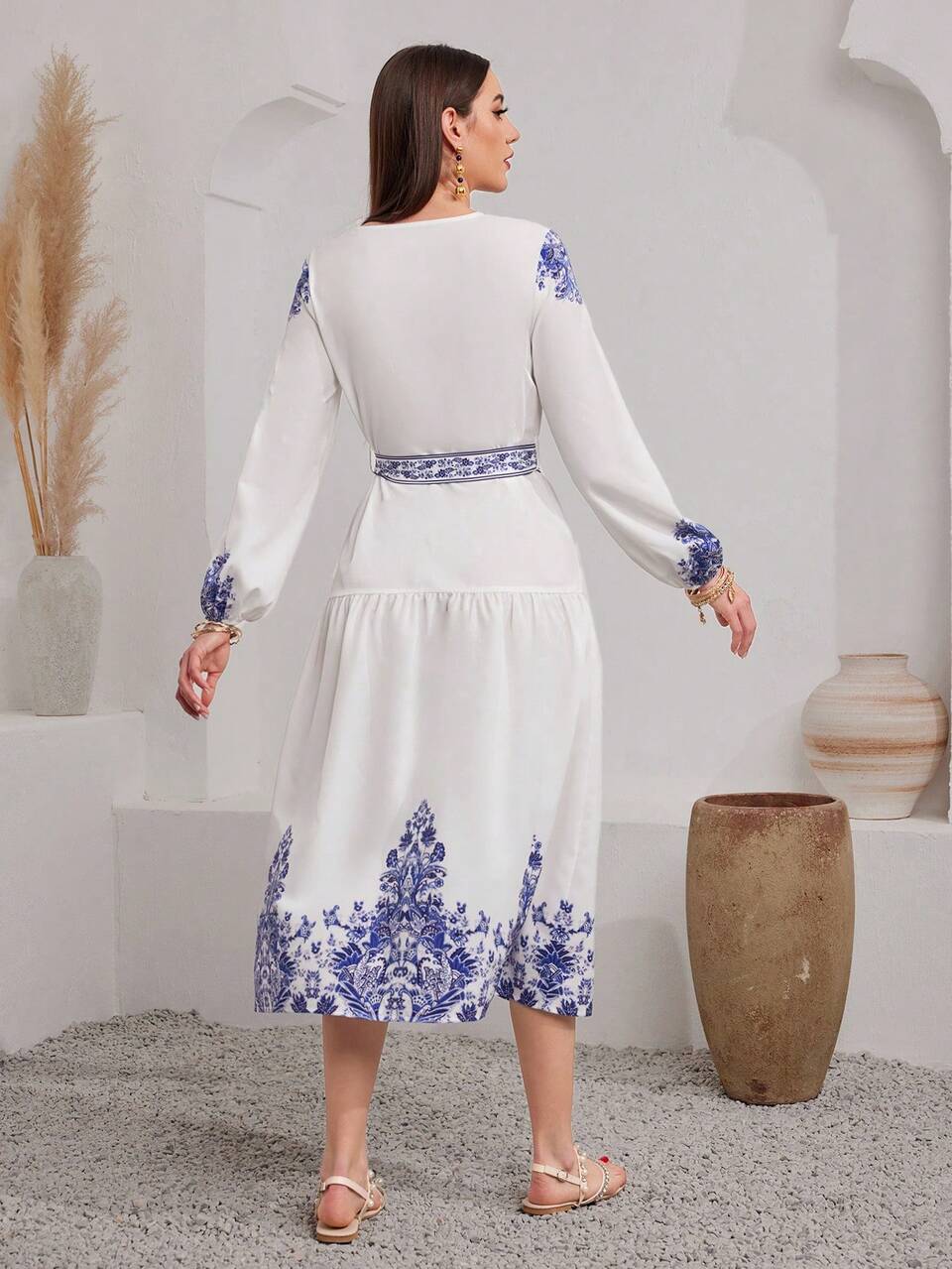 Printed Lantern Sleeve Dress Fall Cloth For Women