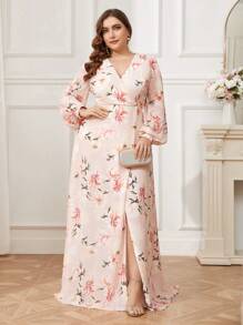 SHEIN Belle Plus Size Women's Floral Print Split Bridesmaid Dress - Multicolor - View 5